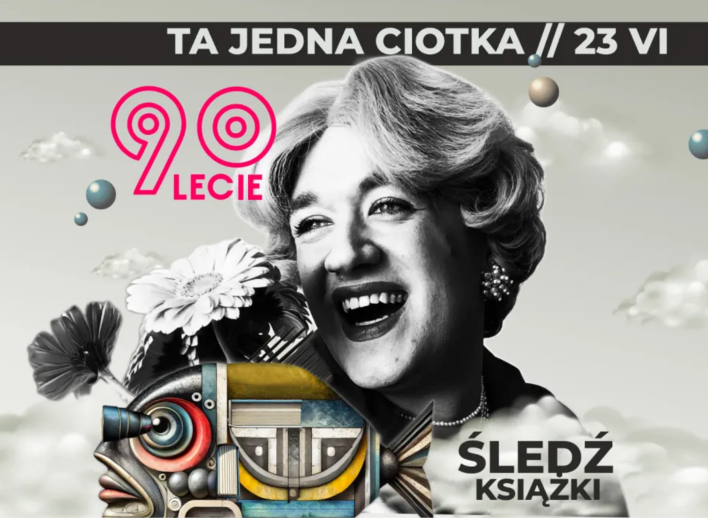 Mateusz Glen na szarym tle oraz logo 90-lecia Biblioteki.
