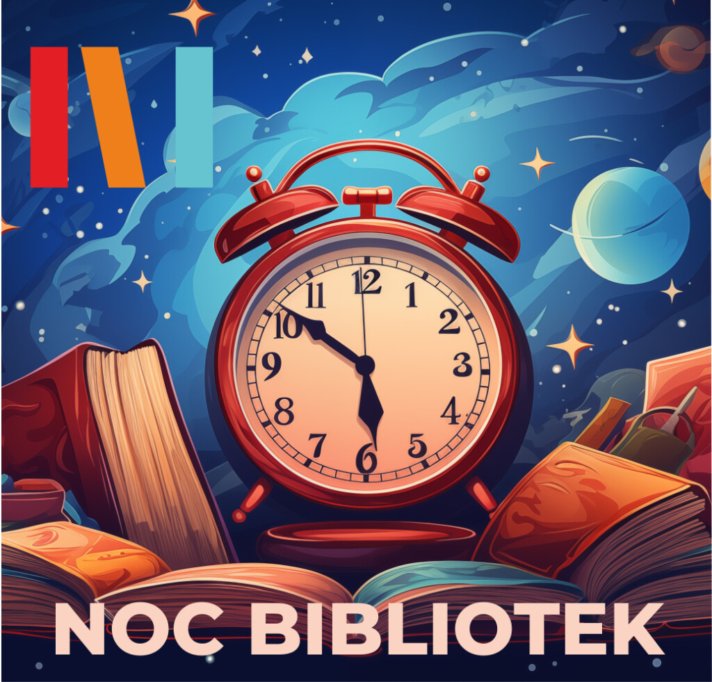 Budzik stojący na stercie książek. W tle nocne niebo