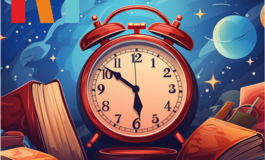 Budzik stojący na stercie książek. W tle nocne niebo