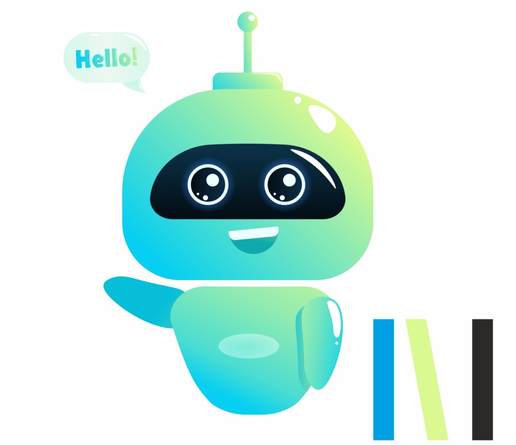 Zielony, uśmiechnięty, bajkowy robot, który macha prawą ręką.