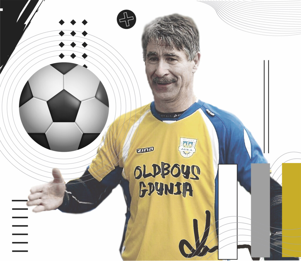 Tomasz Korynt w żółtoniebieskiej koszulce zespołu Arka Gdynia Oldboys