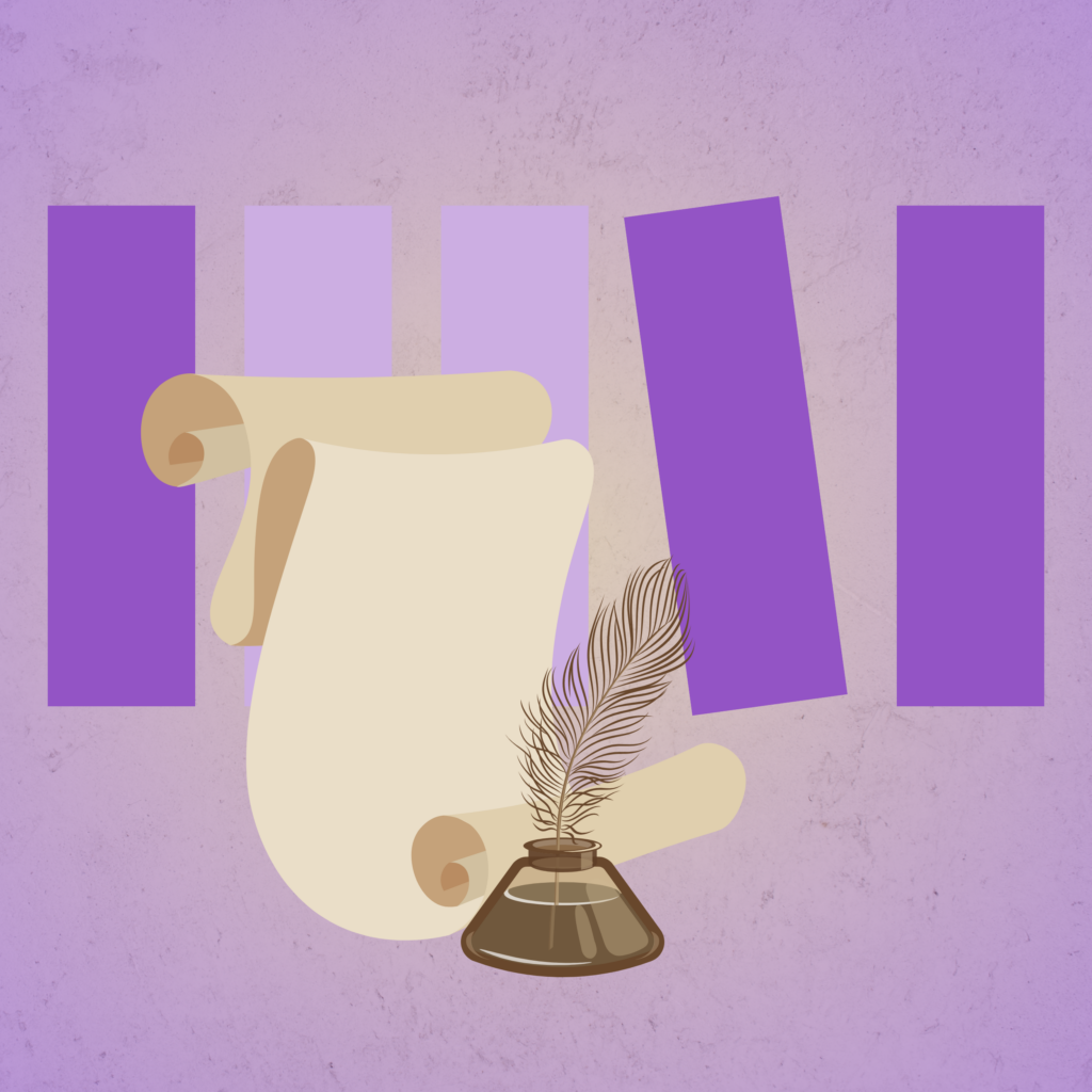 fioletowa ilustracja przedstawiająca zwój papieru i kałamarz z piórem gęsim