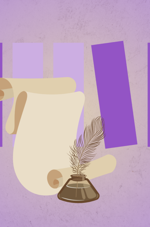 fioletowa ilustracja przedstawiająca zwój papieru i kałamarz z piórem gęsim