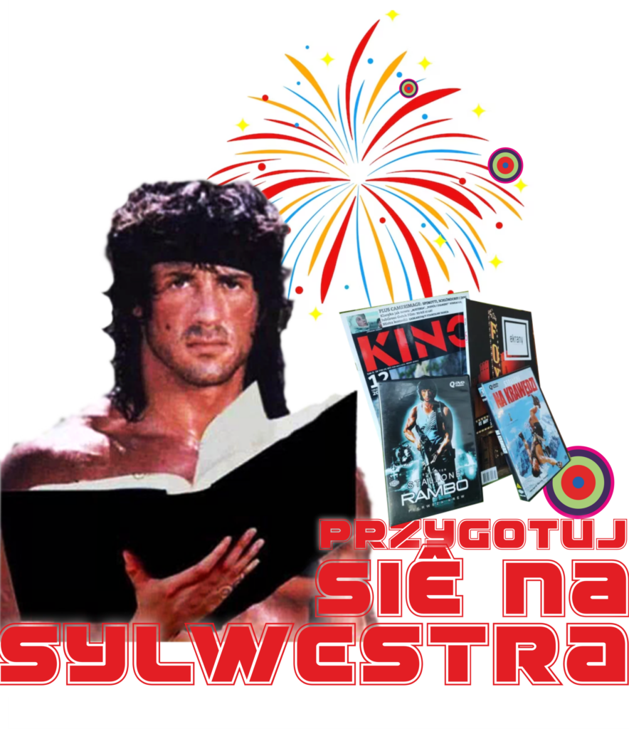 Sylwester Stallone w roli "Rambo", czytający książkę. Po prawej stronie filmy: "Rambo 2" oraz "Na Krawędzi" w wersji DVD oraz czasopisma: "Kino" i "Ekrany". Z tyłu namalowane fajerwerki.