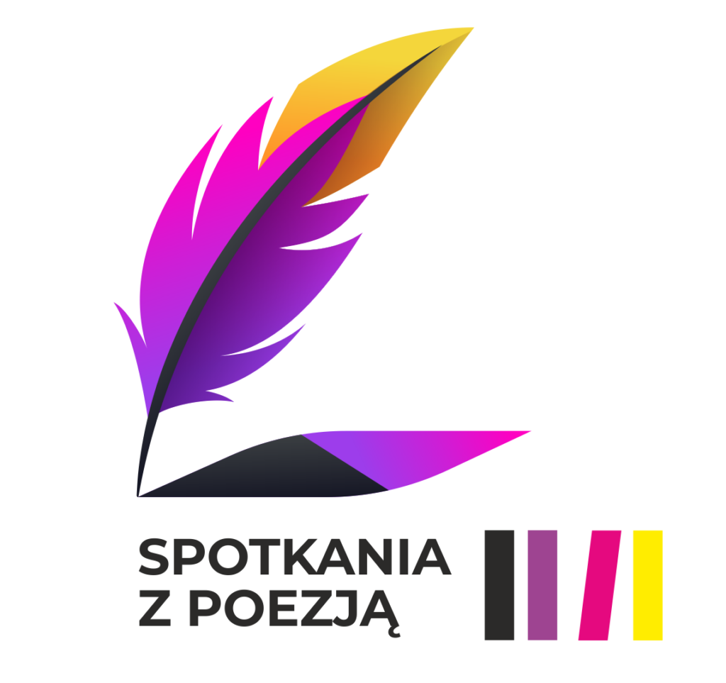 Fioletowe pióro do pisania. Pod nim napis "Spotkania z poezją".
