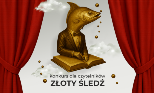 Statuetka czytającego, złotego śledzia otoczona czerwoną kurtyną. Na dole loga Biblioteki, 90lecia biblioteki, miasta Gdynia oraz Radia Gdańsk.