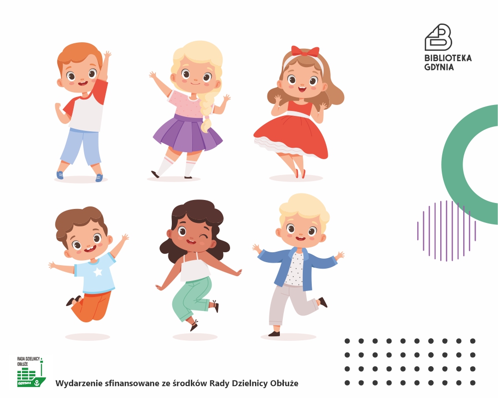 Ilustracja z tańczącymi dziećmi. W lewym dolnym rogu logo Rady Dzielnicy Obłuże