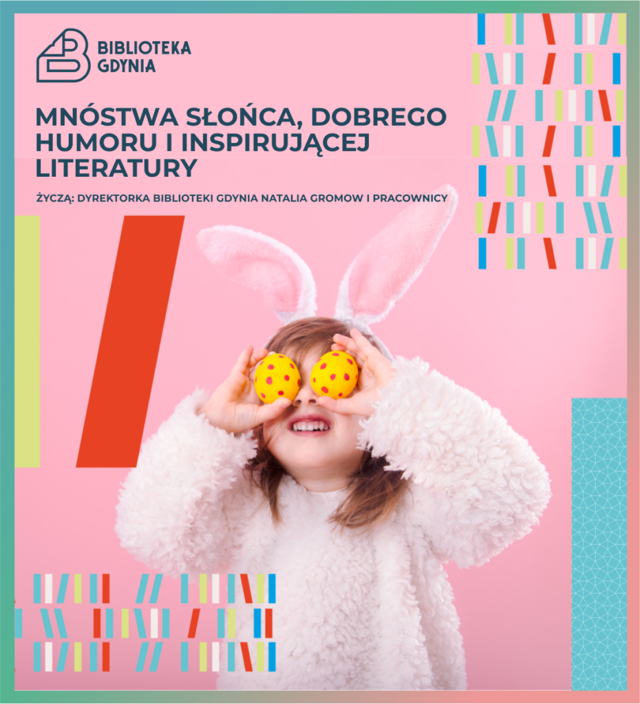 Dziewczynka w kostiumie wielkanocnego zająca trzymająca dwie żółtoczerwone pisanki na wysokości oczu.