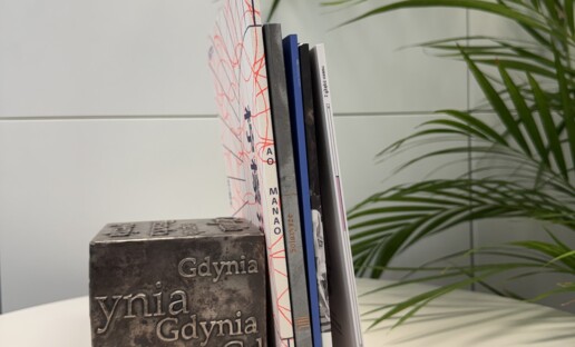 Zdjęcie opartych o kostkę nagrodową książek nominowanych do 21. Nagrody Literackiej Gdynia w kategorii poezja