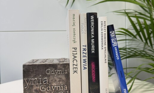 Zdjęcie opartych o kostkę nagrodową książek nominowanych do 21. Nagrody Literackiej Gdynia w kategorii proza