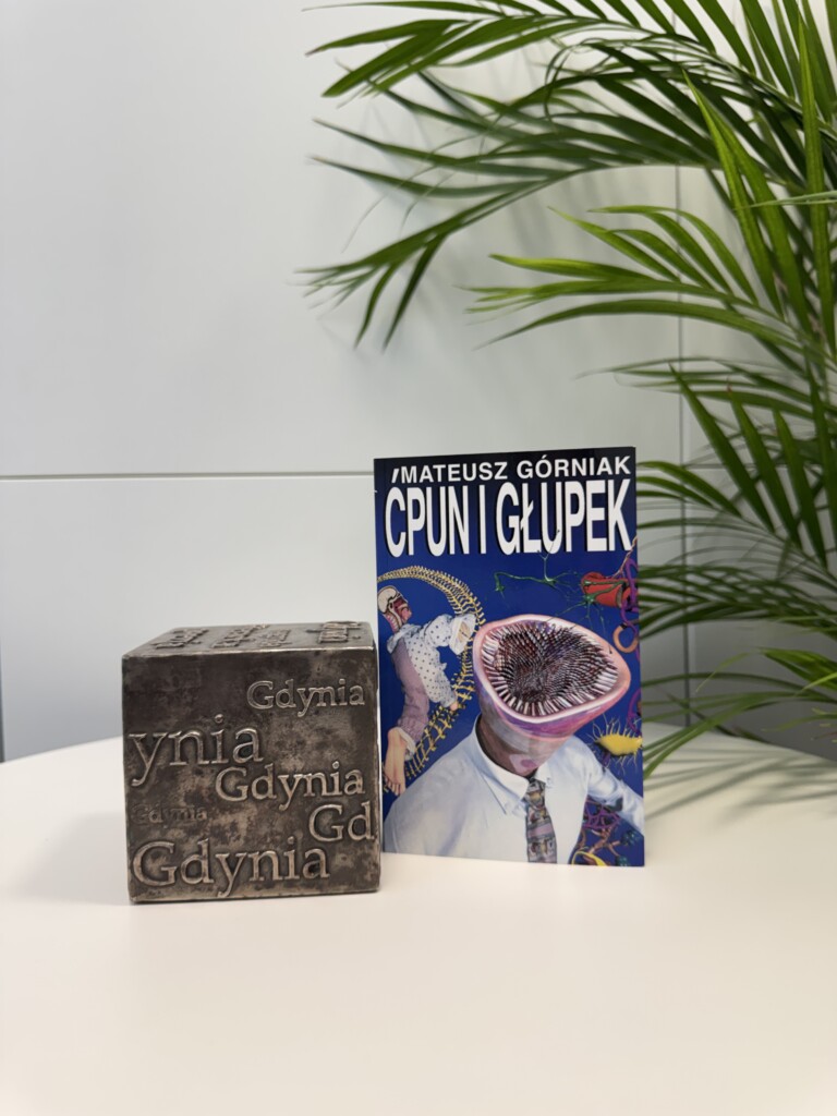 Zdjęcie książki "Ćpun i głupek" koło kostki Nagrody Literackiej Gdynia