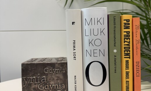 Zdjęcie opartych o kostkę nagrodową książek nominowanych do 21. Nagrody Literackiej Gdynia w kategorii przekład