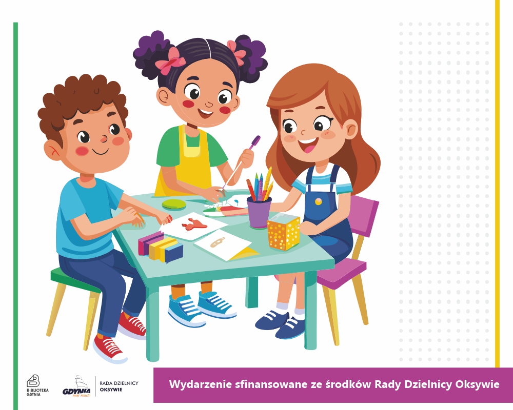 Kolorowa grafika przedstawiająca dzieci siedzące przy stole i malujące na kartkach.