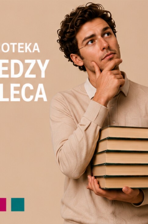 Zamyślony mężczyzna z naręczem książek. Obok napis Biblioteka Wiedzy Poleca.