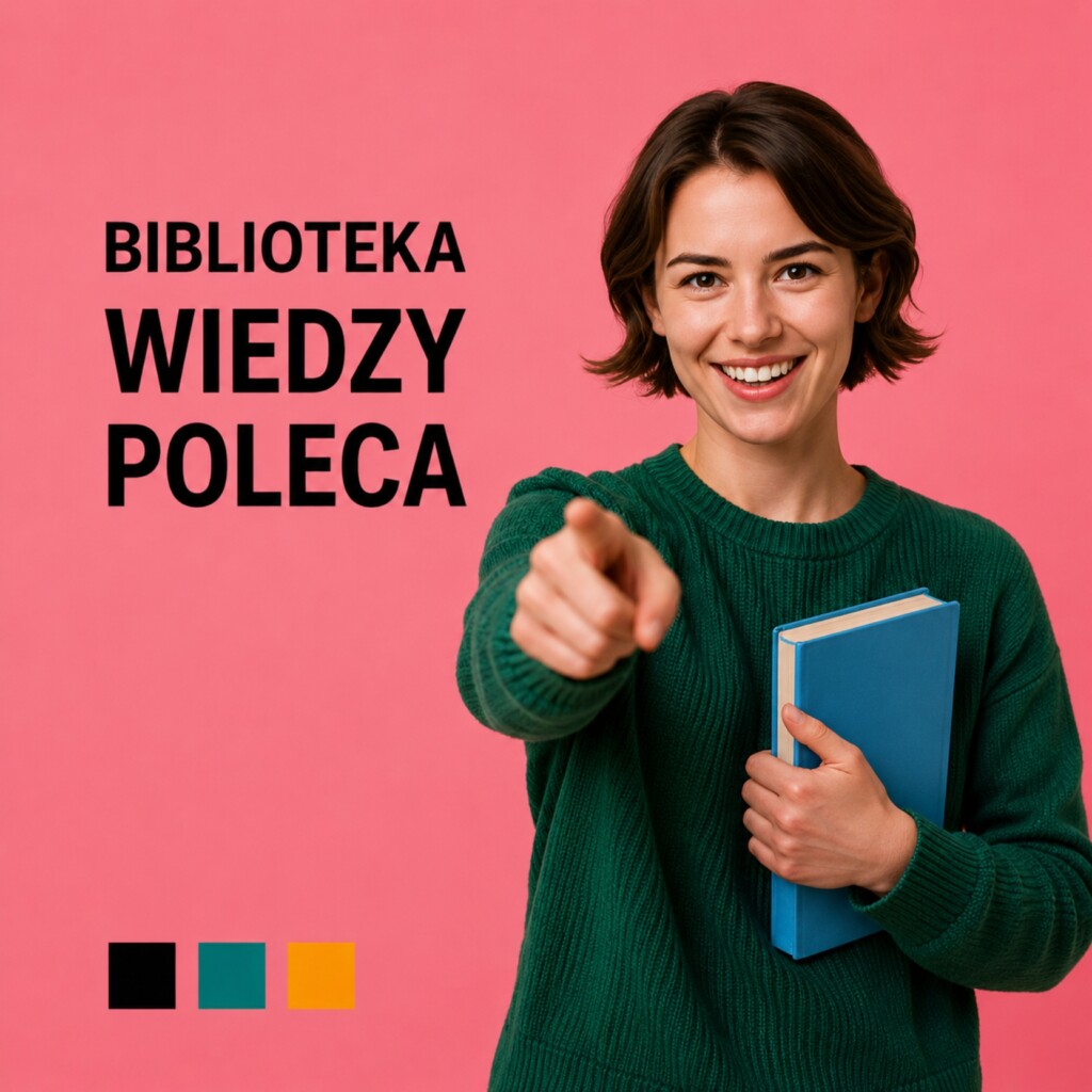 Uśmiechnięta kobieta wskazuje palcem w ekran, trzymając książkę przy piersi. Obok napis Biblioteka Wiedzy Poleca.