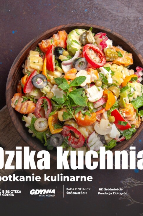 Zdjęcie miski z sałatką warzywną, tytułem spotkania i informacjami o finansowaniu.