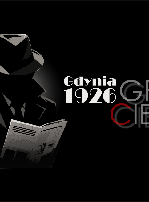 Grafika przedstawiająca mężczyznę stojącego w p&oacute;łmroku. Ma na sobie garnitur i kapelusz. Czyta gazetę. Po prawej stronie napis: "Gdynia 1926. Gra Cieni".