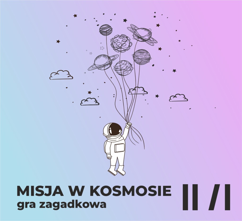 Grafika. Kosmonauta trzymający baloniki w kształcie planet.
