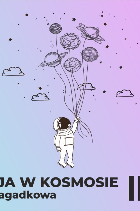 Grafika. Kosmonauta trzymający baloniki w kształcie planet.