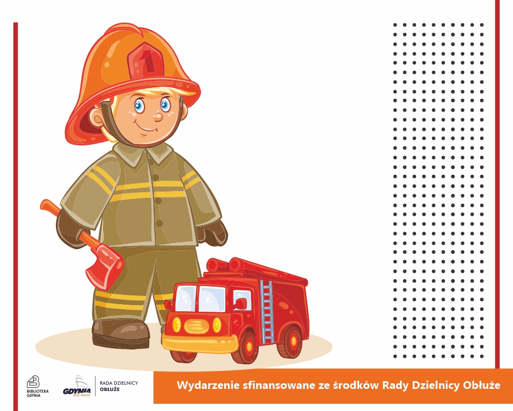 Ilustrowany chłopiec w stroju strażaka z małym wozem strażackim.