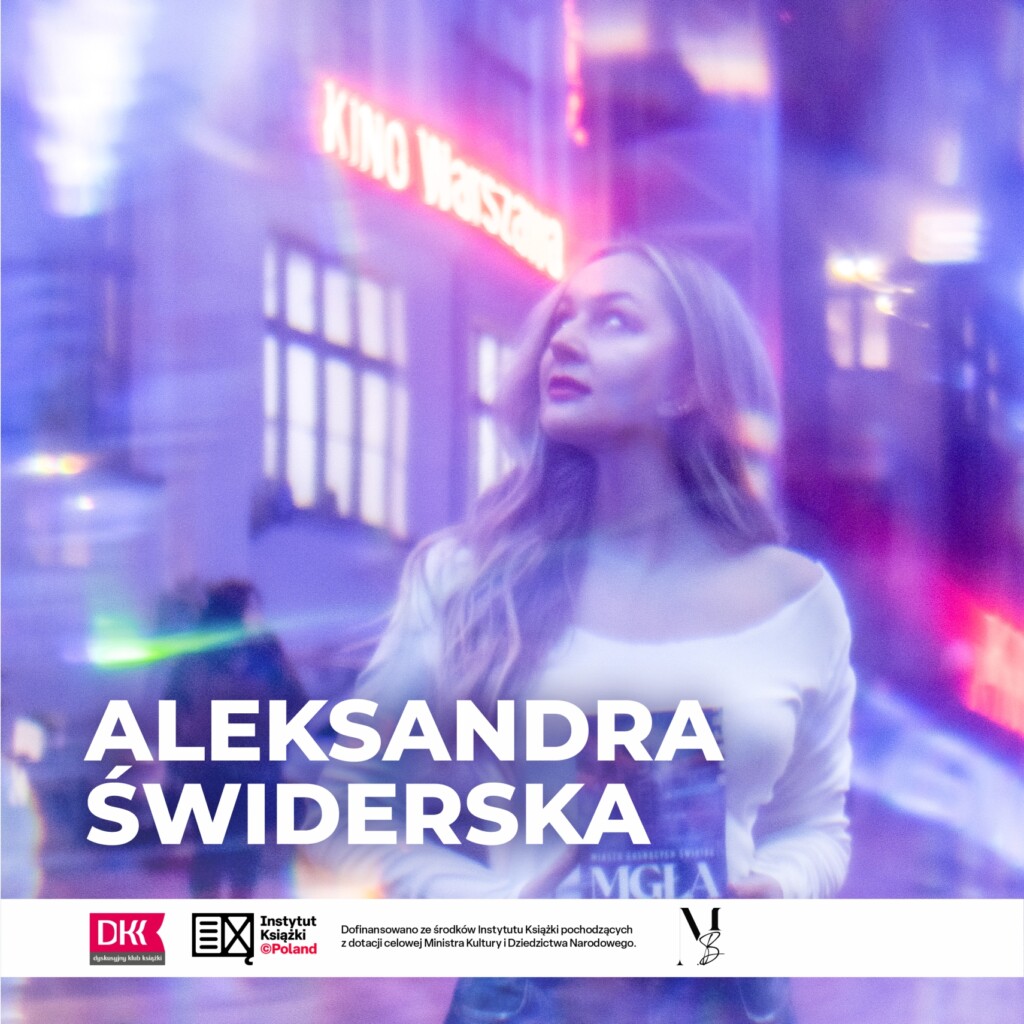 Zdjęcie Aleksandry Świderskiej z belką logotypów DKK i Instytutu Książki.