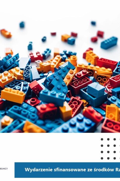 Grafika z rozrzuconymi klockami LEGO.