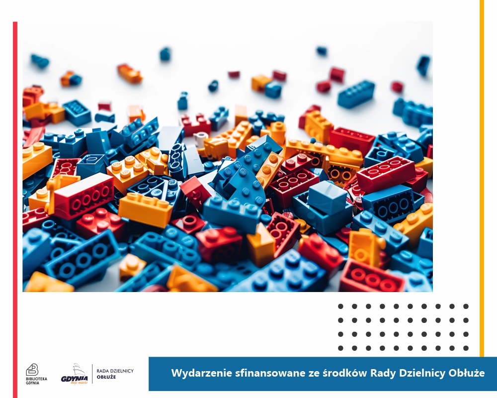 Grafika z rozrzuconymi klockami LEGO.