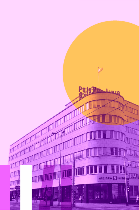 Zdjęcie modernistycznego budynku w fioletowej kolorystyce