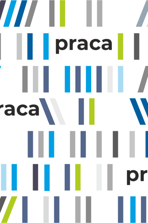 na białym tle, pomiędzy pionowymi paskami imitującymi książki na p&oacute;łce, czarne napisy "praca"