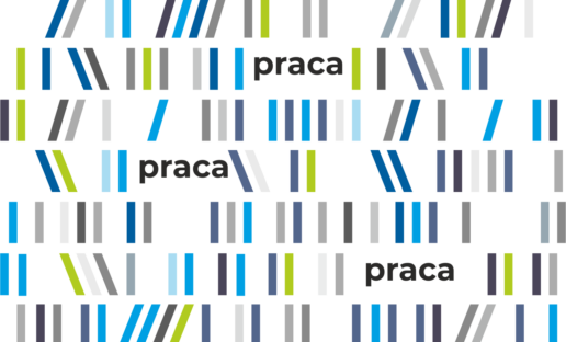 na białym tle, pomiędzy pionowymi paskami imitującymi książki na półce, czarne napisy "praca"