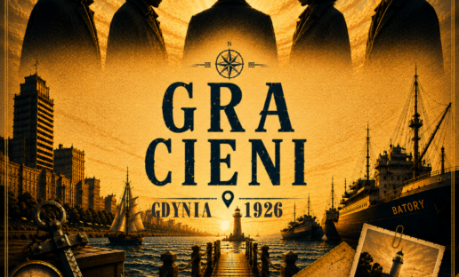 Pięć cieni tejemniczych postaci na tle wschodzącego słońca w Gdyni. Na środku napis "Gra cieni. Gdynia 1926". Na dole logotypy: Biblioteki Gdynia i 100-lecia Gdyni.