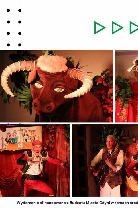 Kolaż zdjęć z teatrzyku "Byczek Fernando"