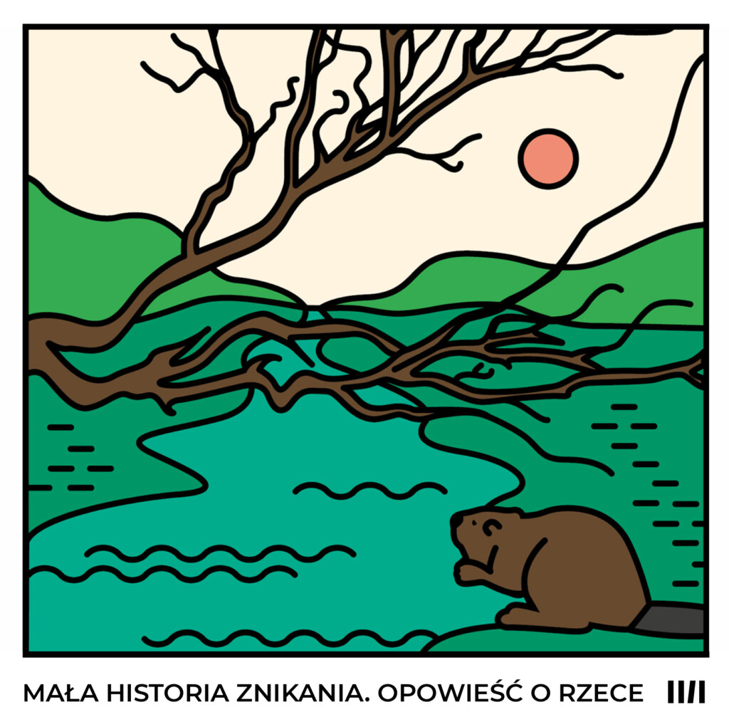 Rysunek przedstawiający bobra stojącego przy rzece. W tle widać drzewo oraz słońce.