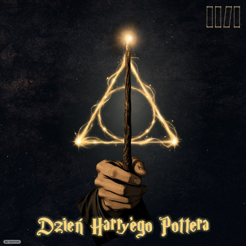 Na czarnym tle dłoń trzymająca magiczną różczkę, którą wyrysowuje świecący trójkąt