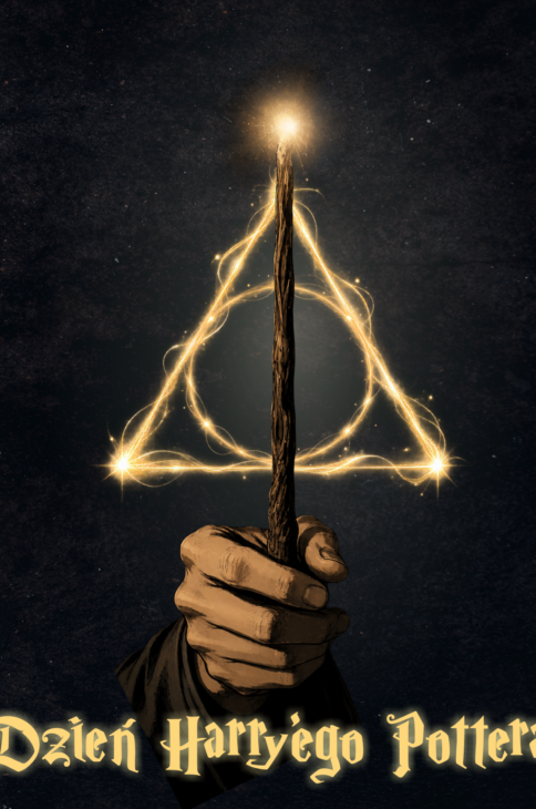 Na czarnym tle dłoń trzymająca magiczną różczkę, którą wyrysowuje świecący trójkąt