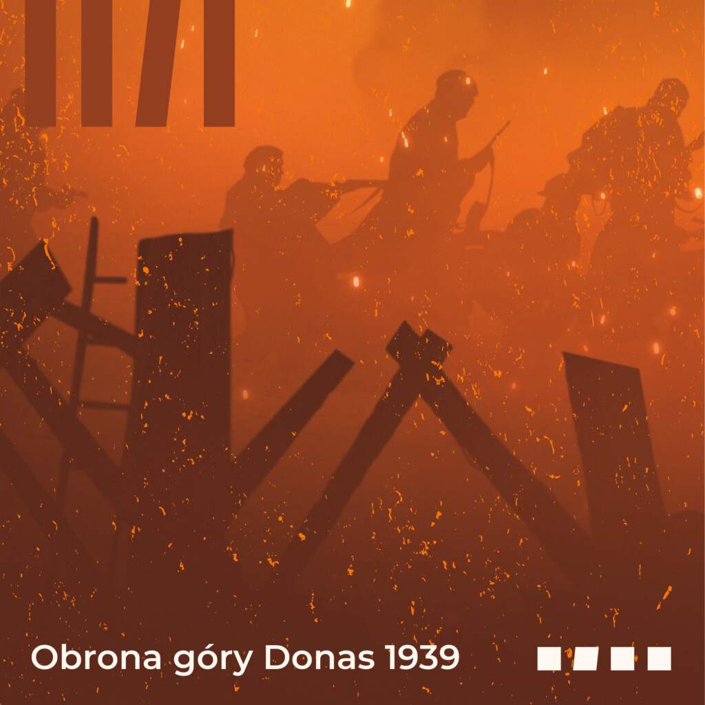 Pomarańczowa grafika z rozmytymi sylwetkami żołnierzy i zniszczonymi budynkami