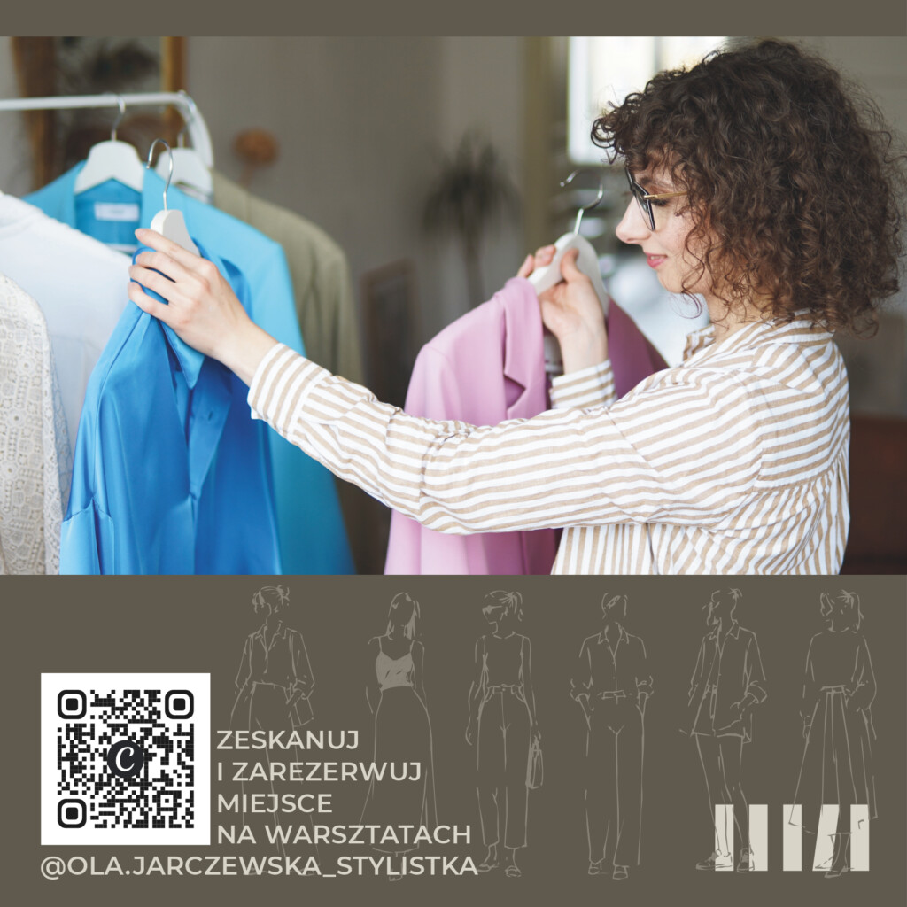 Kobieta przeglądająca ubrania. Na dole grafiki kod qr.