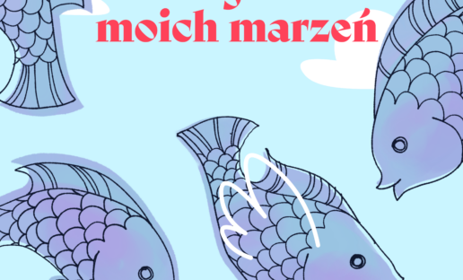 Grafika przedstawiająca śledzie latające w chmurach. U góry czerwony napis: "Konkurs plastyczny: Fantastyczna czy realistyczna? Gdynia naszych marzeń". Na dole logotypy Stowarzyszenia KACK oraz stulecia Gdyni.