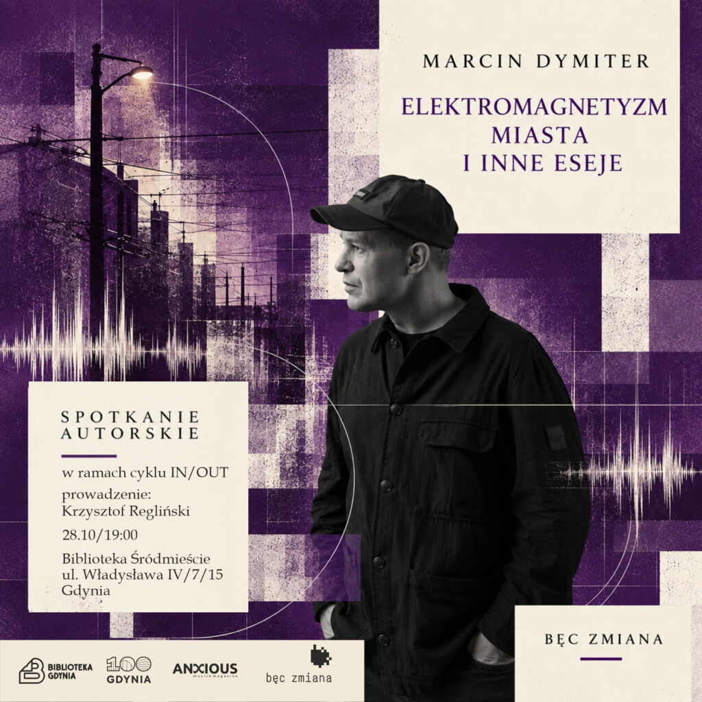 Czarnobiałe zdjęcie Marcina Dymitera. Za nim zdjęcie miasta w fioletowych barwach