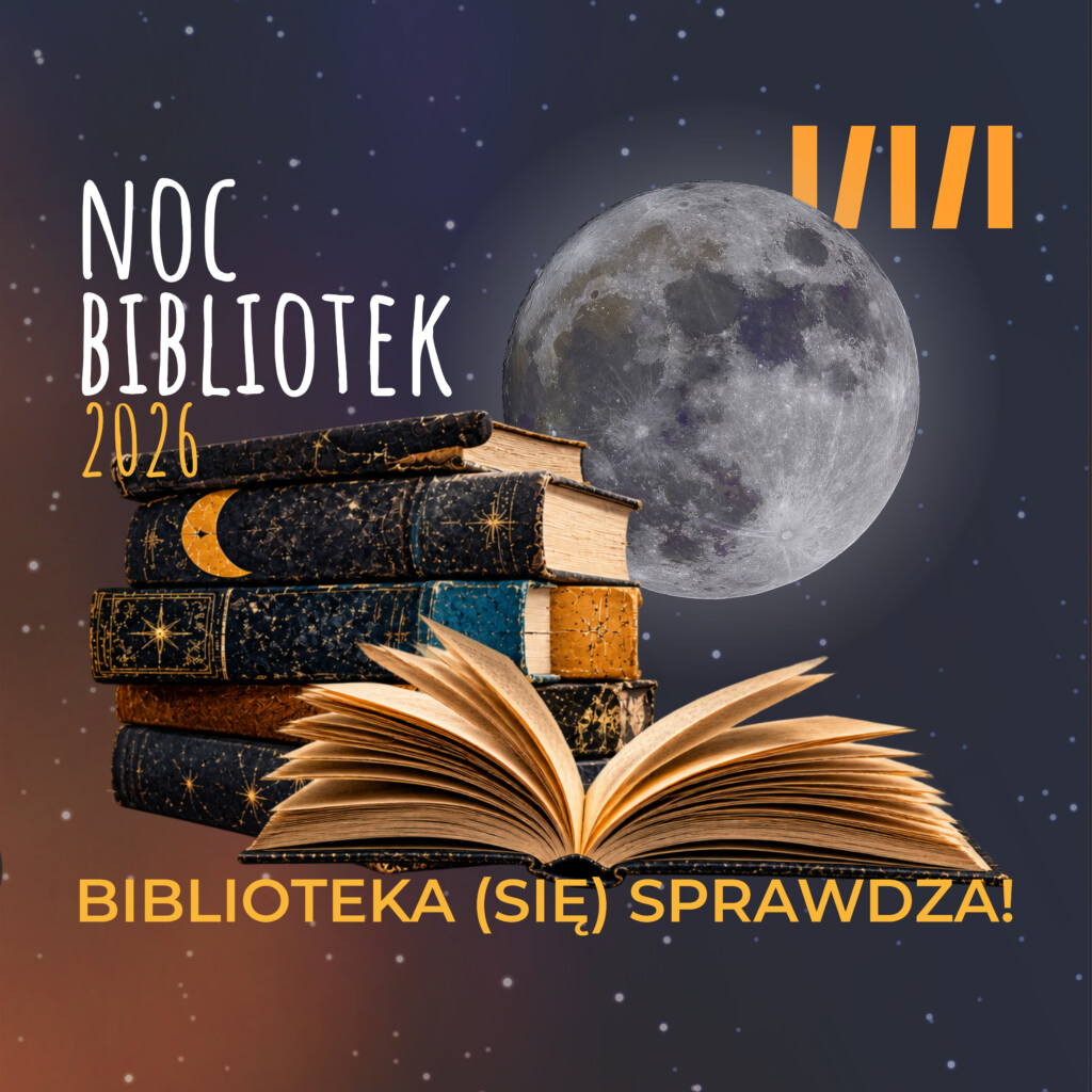 Otwarta książka, za nią stos magicznych książek na tle pełnego księżyca.