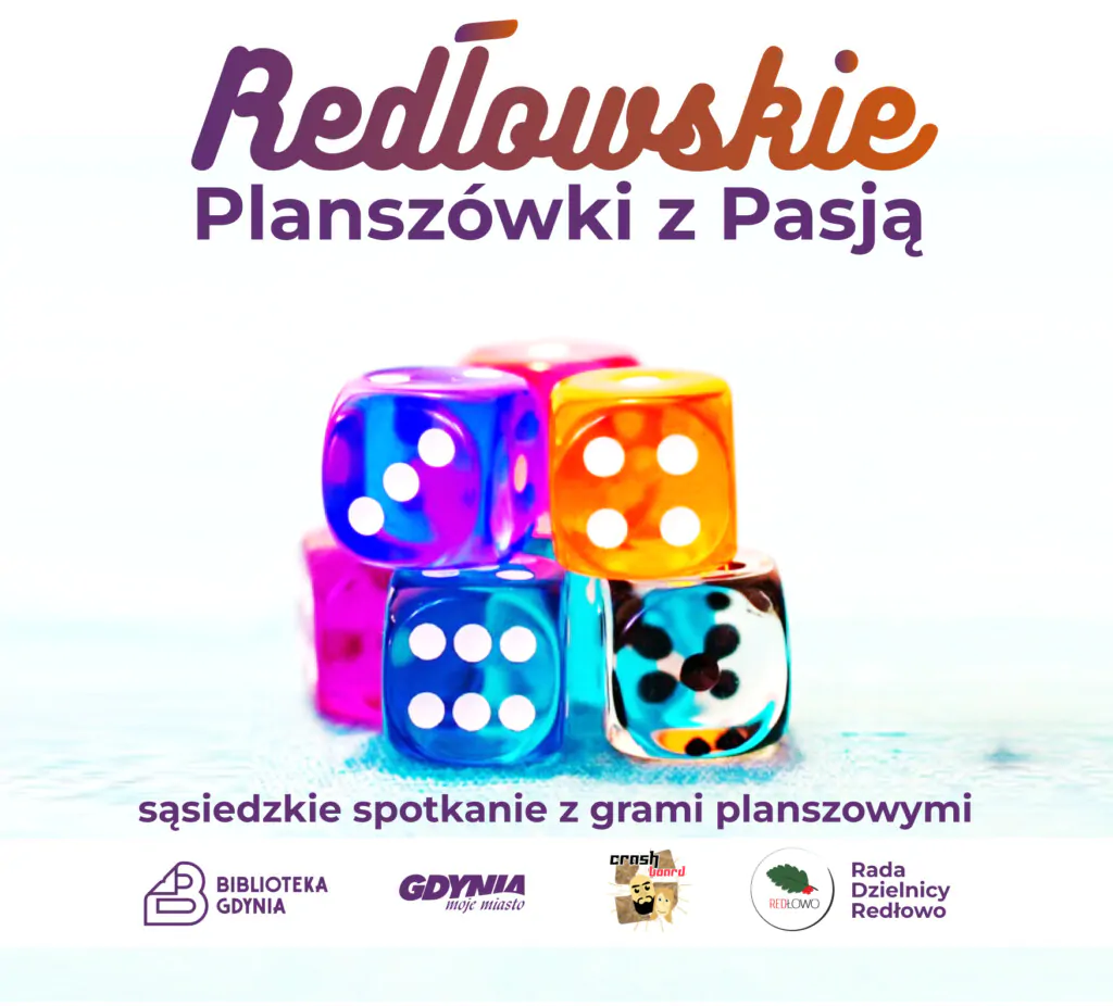 Cztery kości k6 i napis nad nimi Redłowskie Planszówki z Pasją.