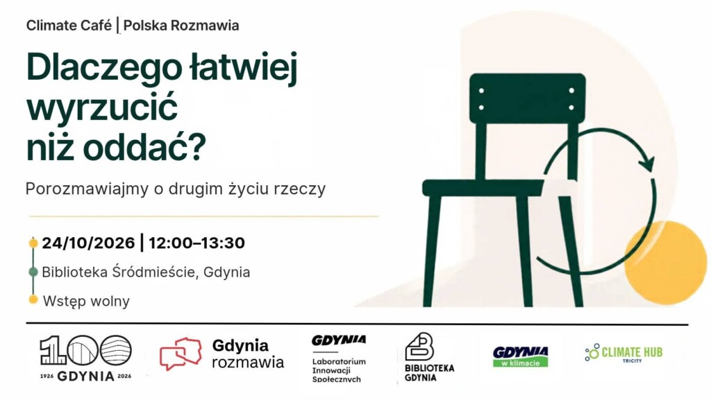 Grafika przedstawiająca krzesło na białym tle. Po lewej stronie nazwa wydarzenia i data oraz lokalizacja.