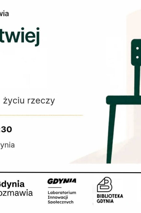Grafika przedstawiająca krzesło na białym tle. Po lewej stronie nazwa wydarzenia i data oraz lokalizacja.
