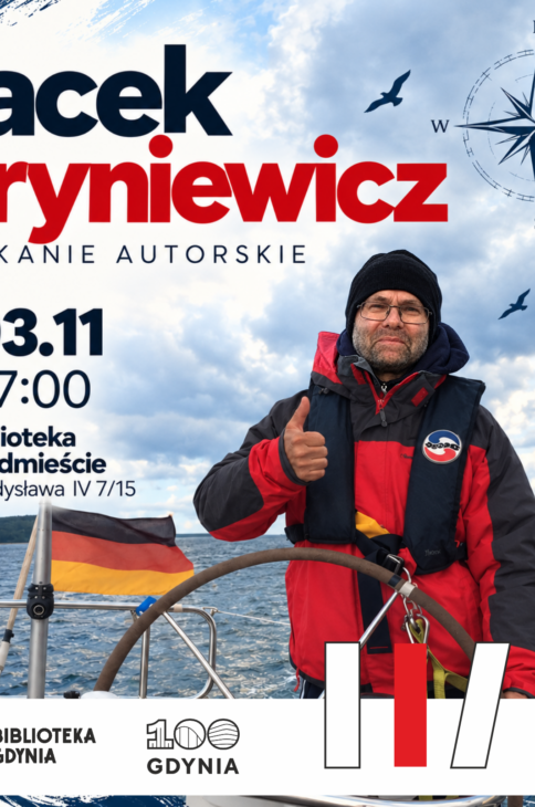 mężczyzna w kurtce zimowej i czapce stoi za sterem łodzi. Obok powiewa niemiecka flaga
